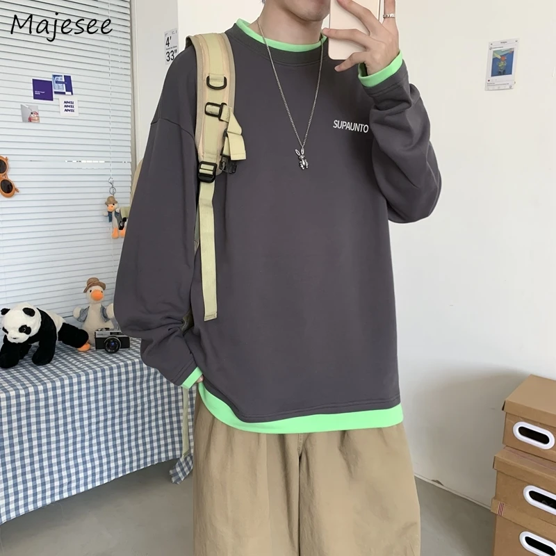 

Men Sweatshirts Patchwork Design Fashion Korean Style O-neck Loose Students All-match Spring New Popular Outwear Fake Two Pieces