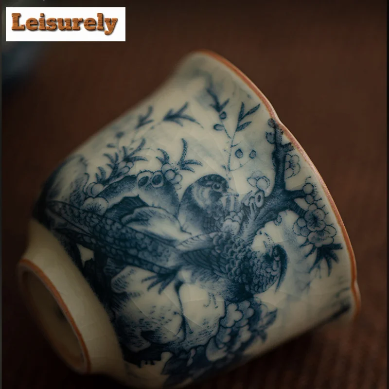 50ml Retro Flower And Bird Ink Ceramic Teacup Ru Kiln Flower Mouth Cup Single Master Cup Personal Tasting Tea Bowl Kungfu Teaset