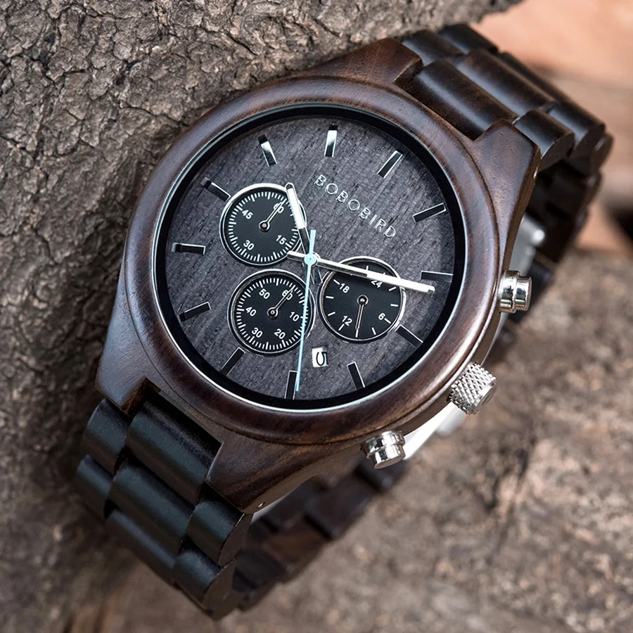 BOBO VOGEL Männer Uhr Luxus Handgemachte Holz Armbanduhr Ebenholz Chronograph Stoppuhr Datum Display Logo Nach Dropshipping