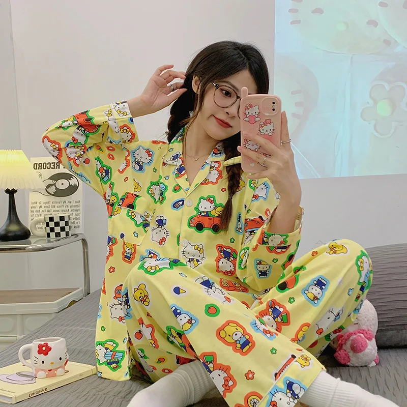 

Hello Kitty Kawaii Sanrio Pajamas Spring Autumn Cartoon Thin Pajamas Female Students Wearing Anime Home Clothes Outside Suit
