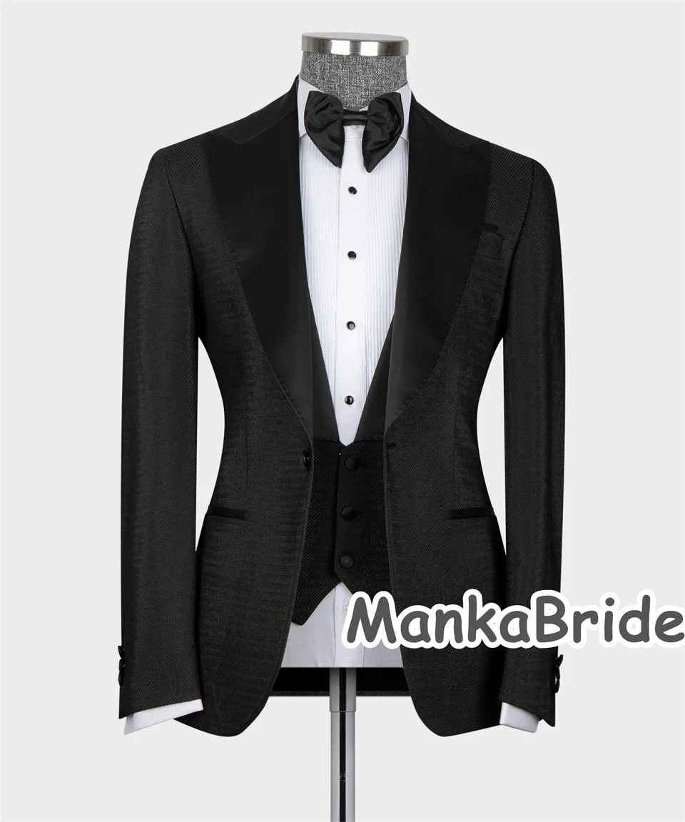 Black Lapeled Groomsman Tuxedo Business Wear Men's Suits 3PCS Blazer Vest Pants Formal Prom Party Suit