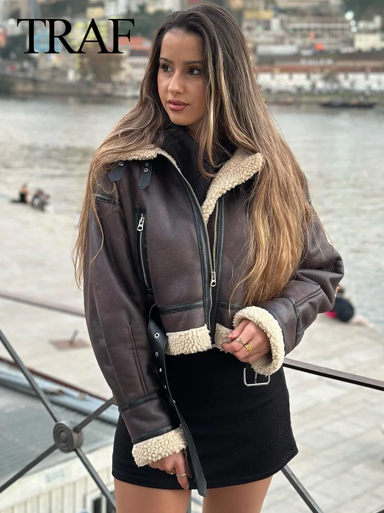 

TRAF 2023 Winter Women Vintage Fashion Zipper Faux Leather Jacket Belt Hem Lapel Long Sleeve Coat Women Thick Warm Windbreaker