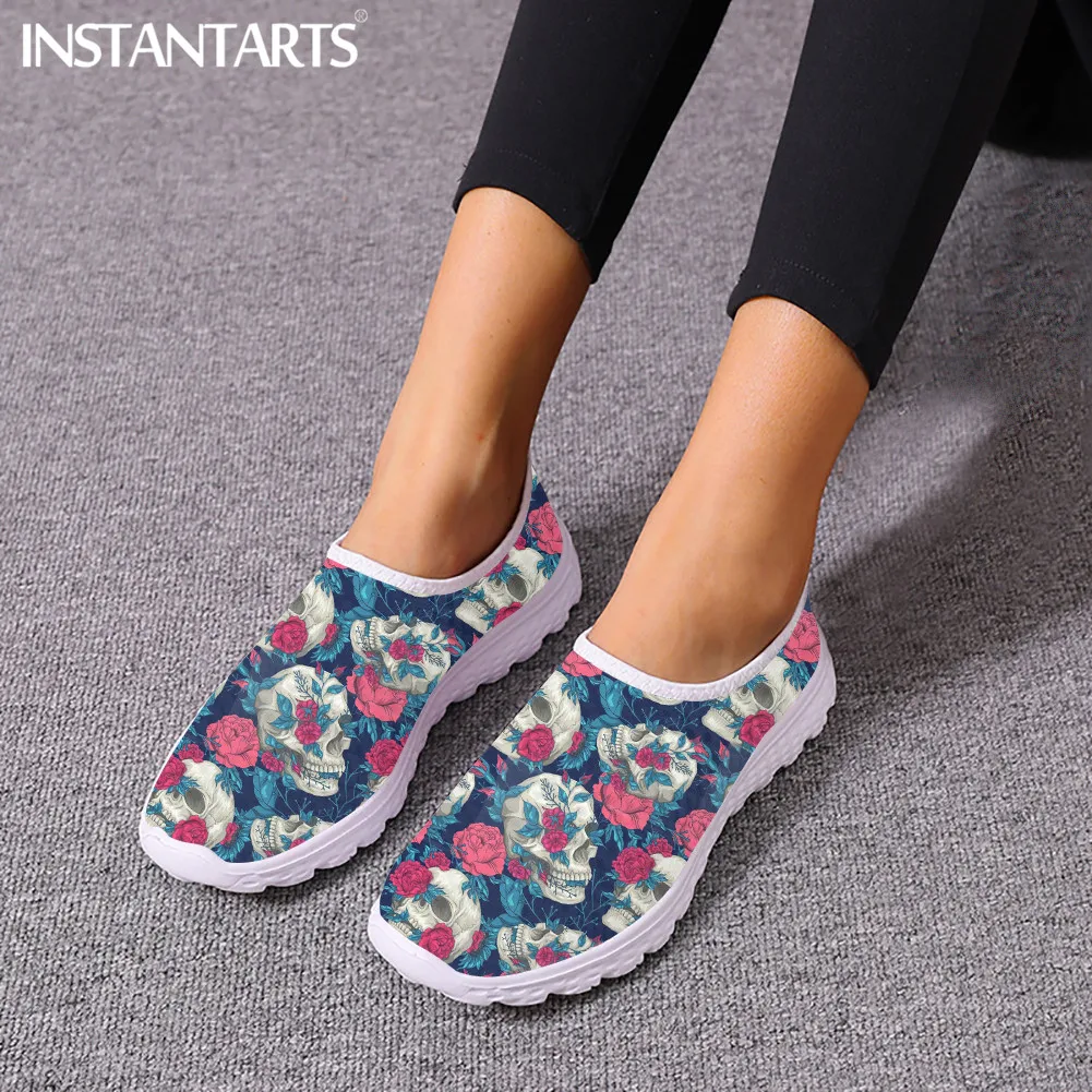 

INSTANTARTS Gothic Sugar Skull Floral Pattern Breathable Mesh Shoes Casual Slip-on Flats Shoes Lightweight Women Zapatillas 2023