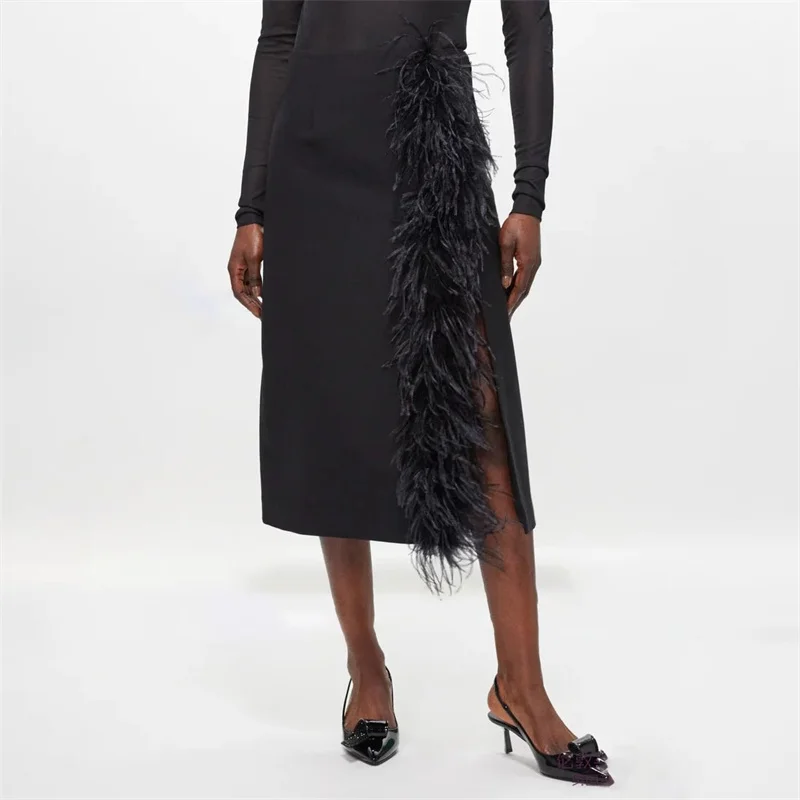 

Женская юбка, Новинка лета 2024, модная женская юбка средней длины, украшенная страусиными волосами, длинная юбка с завышенной талией, облегающая юбка