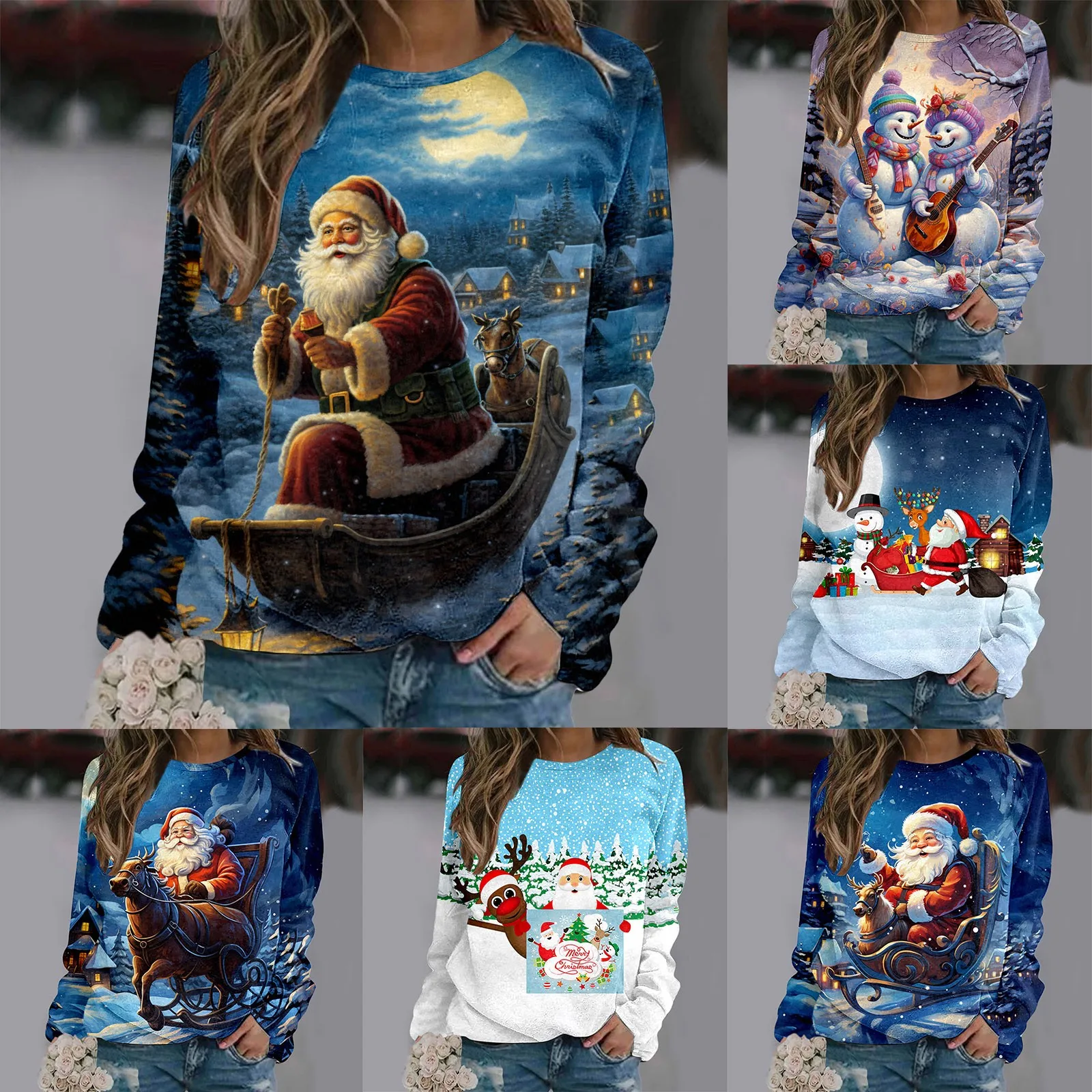 

Women's Long Sleeve Pullover Shirt Round Neck Christmas Printed Sweatshirt Casual Shirt Ladies Petite Sweatpants