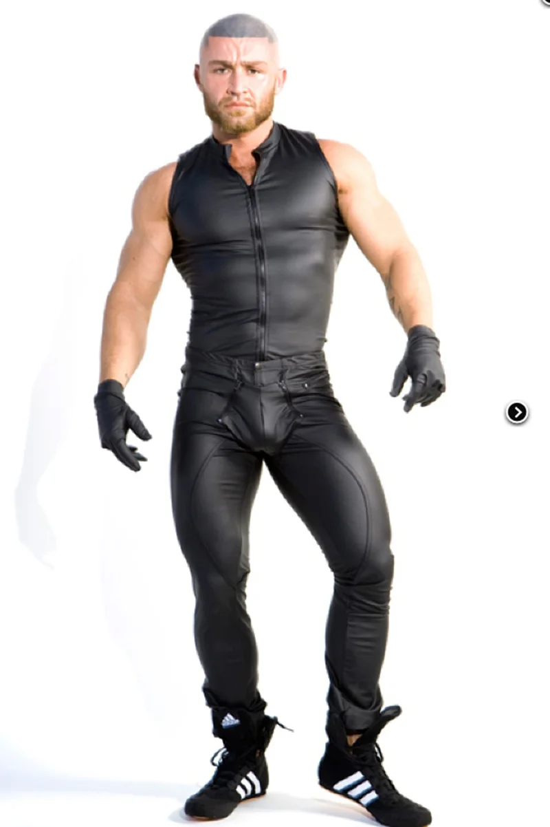Faux Leather Men Night Club DS Tight Trousres Erotic Costume Lingerie Sexy Zipper Open Penis Pouch Elastic Waist Long Pants