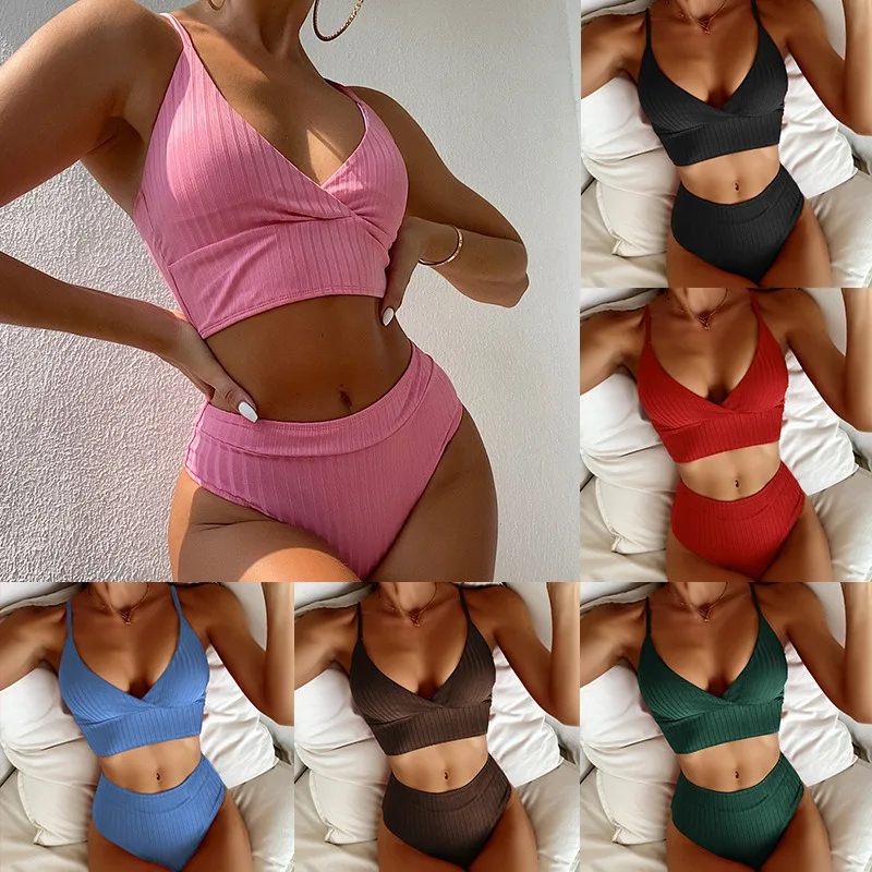

Europe and The United States New Swimsuit Vest Thick Pit Strip High Waist Bikini Conservative Swimsuit