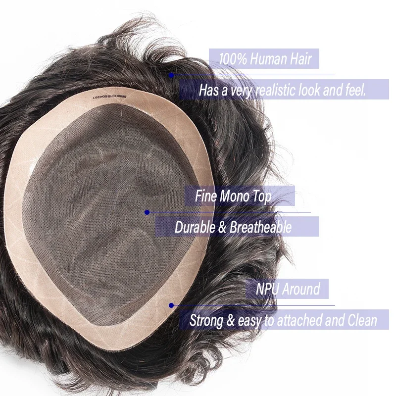 Parrucchino per capelli umani da uomo Fine Mono NPU Parrucche per capelli umani Protesi per capelli maschili traspirante Sistema di capelli indiani Parrucchino a onda diritta - immagine 2