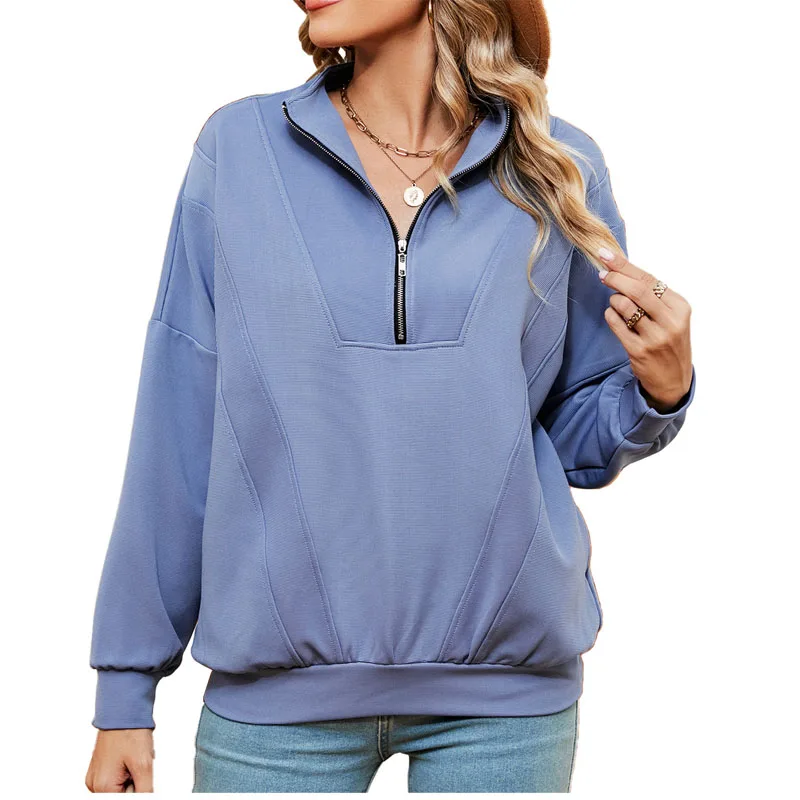 2023 Autumn and Winter Spliced Solid Color Fashion Zipper Pullover Casual Simple Long Sleeve Loose Commuter Women's Sweater