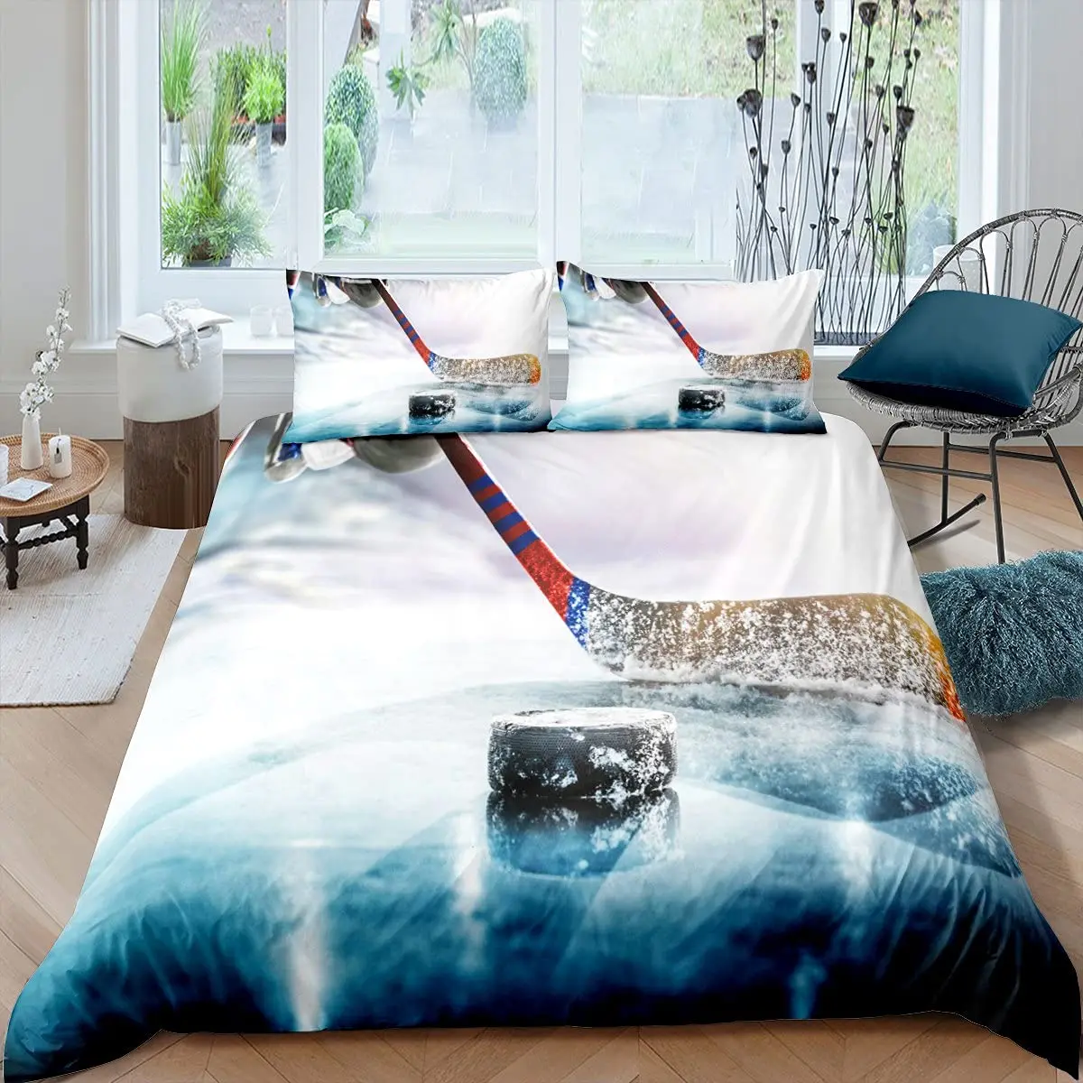 Ice Hockey Duvet Cover Set Boys Puck King Size Sports Games Theme Bedding Set For Kids Youth Adult Men Winter Match Quilt Cover 5