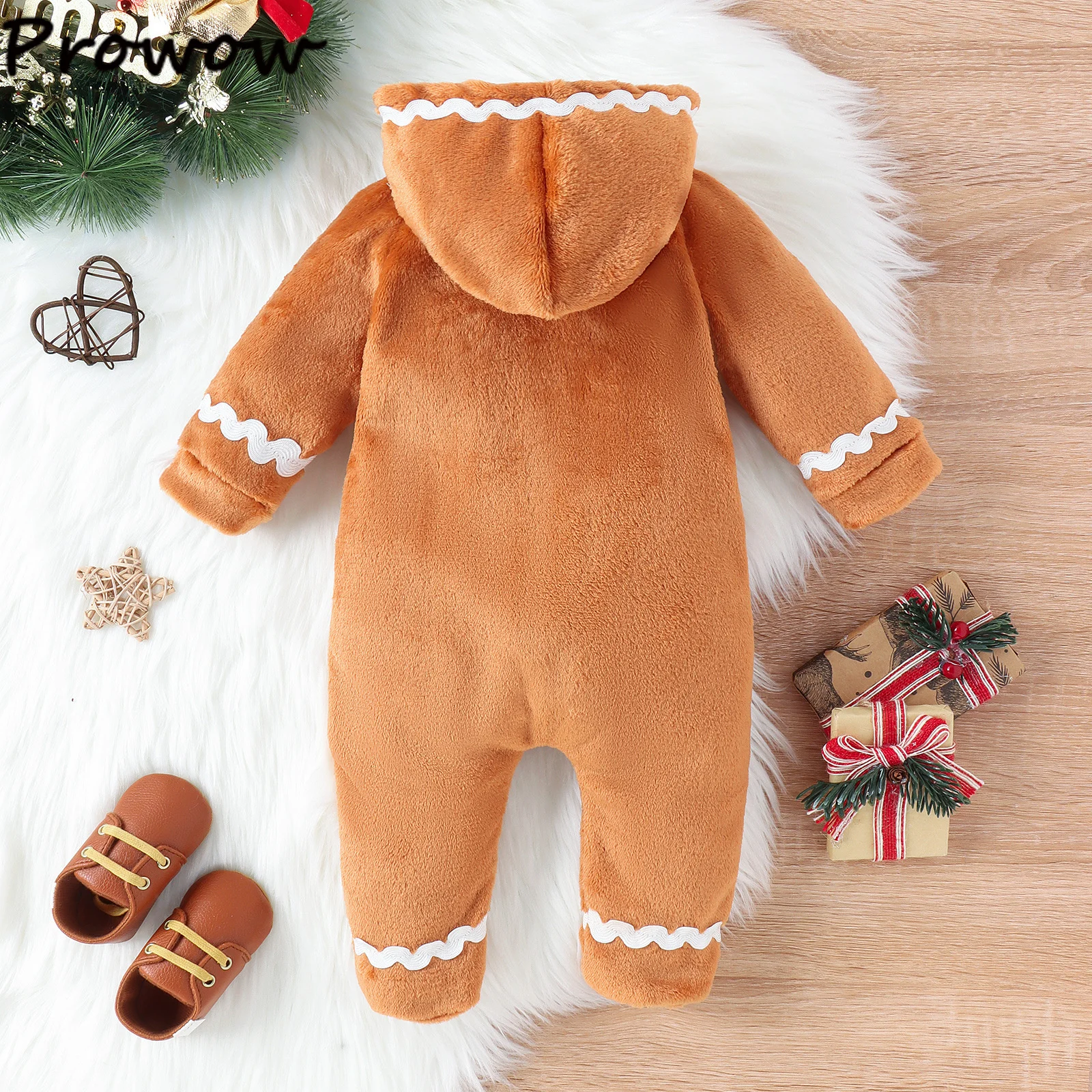 Prowow Baby Christmas Romper Boys Girls Hooded Necktie Gingerbread Man Footed Jumpsuit For Boys Girls Baby New Year Costume
