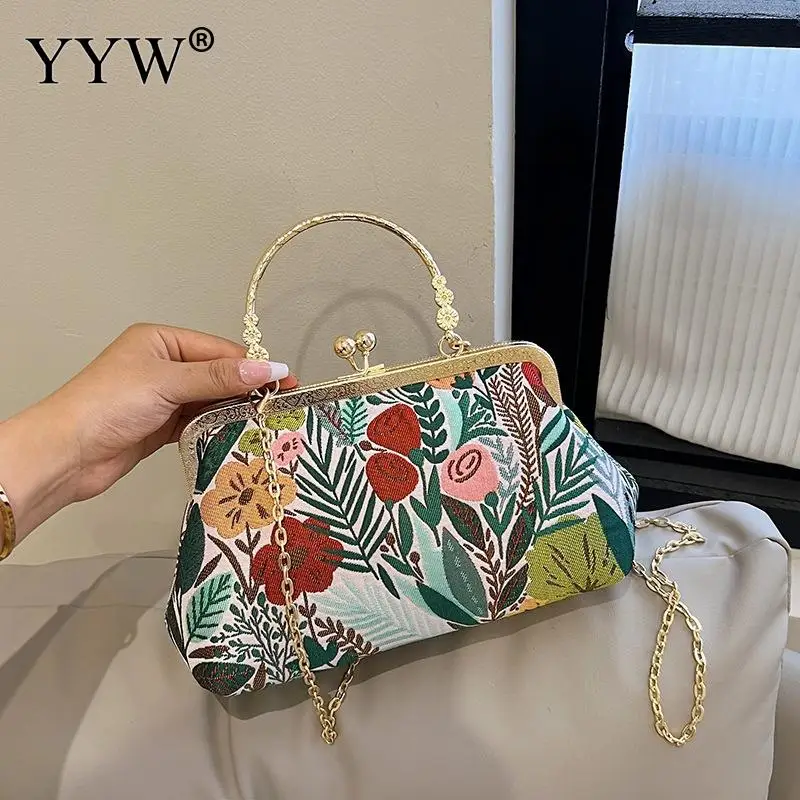 Metal Top Handle Clutch Handbag Fashion Chinese Embroidered Floral Prom Cocktail Party Evening Purse for Women Shoulder Soft Bag