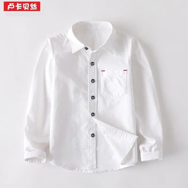 Boys Fleece Lined Long Sleeve White Shirt Student Uniform Performance Costume Children's Top Autumn Winter Fashion Kids Clothing