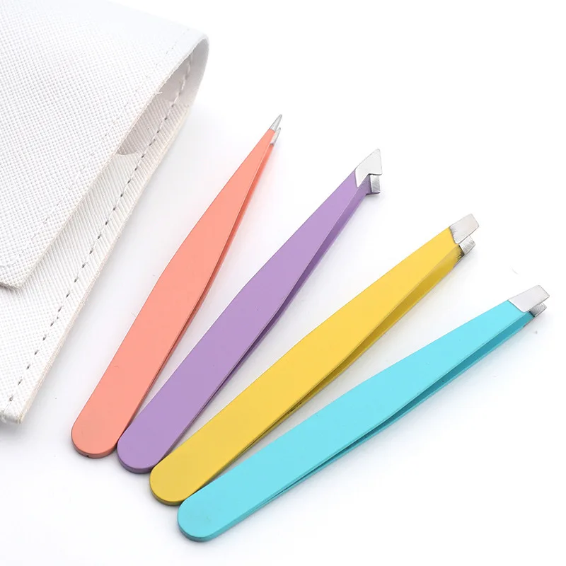 4Pcs High-Quality Eyebrow Tweezer Colorful Hair Beauty Fine Hairs Puller Stainless Steel Slanted Brow Clips Removal Makeup Tools 4