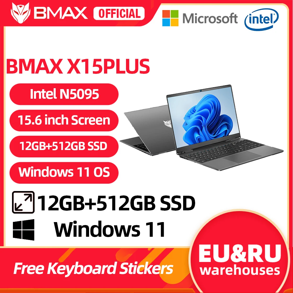 BMAX X15PLUS 15.6 Inch Laptop Intel N5095 CPU 12GB RAM 512GB SSD Windows 11 Notebook 1920*1080 Dual Wifi USB PC laptop DDR4