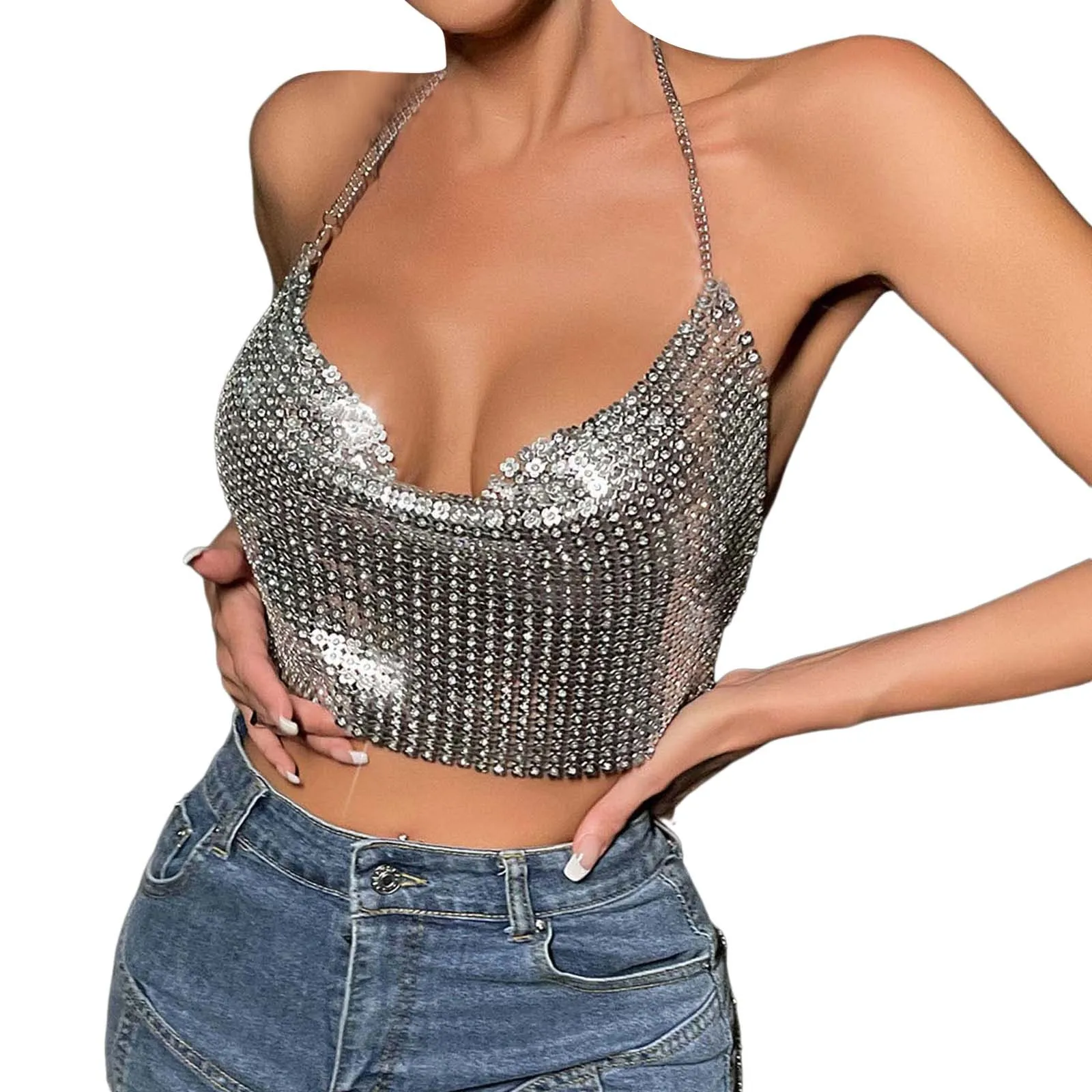 

Women Chain Sexy Clothes Beading Tassel Sleeveless Backless Halter Crop Top Club Vintage Tank Tops L