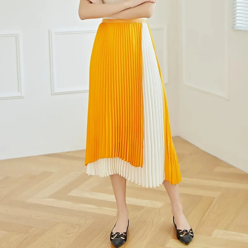

GGHK Miyake Women Pleated Half Skirt Color Collision Irregular Splicing Design High Waist Thin Elegant Loose Fashion Half Skirt
