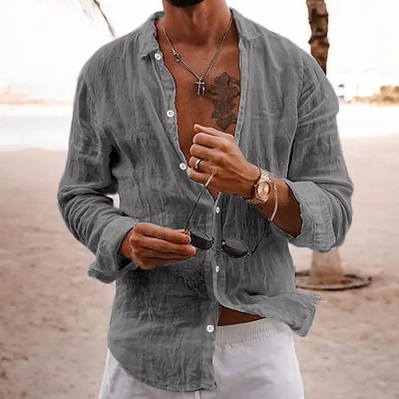 

Men's cotton linen long sleeve shirt lapel solid color breasted casual breathable shirt