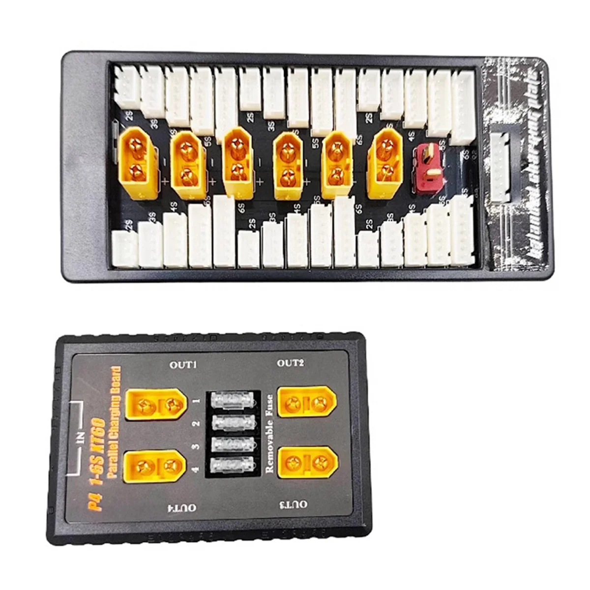 Carte de charge parallèle XT60 4 en 1 pour batteries RC 1-6S montrant les soudures et composants électroniques