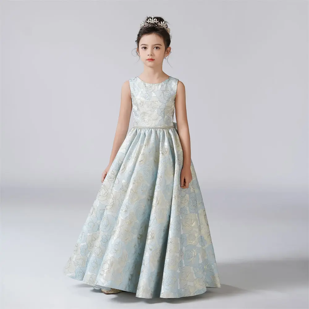 Dideyttawl O-Neck Dress For Girl A-Line Rose Pattern Flower Girl Dresses Sleeveless Kids Birthday Formal Princess Gowns