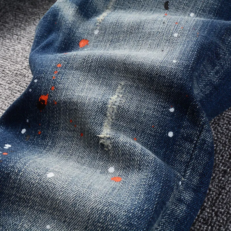Streetwear Fashion Men Jeans Retro Washed Blue Stretch Slim Fit Ripped Jeans Men Painted Designer Vintage Denim Pants Hombre