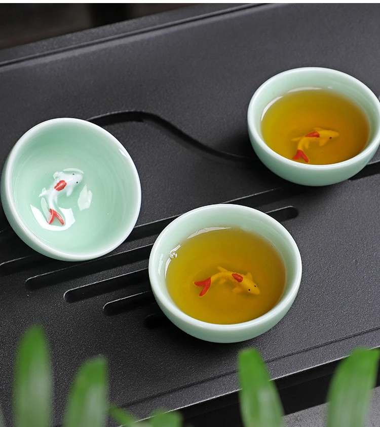 Celadon Fish Cute Teacup, Chinese Kungfu Tea Cup, Home Office, 3Pcs Set
