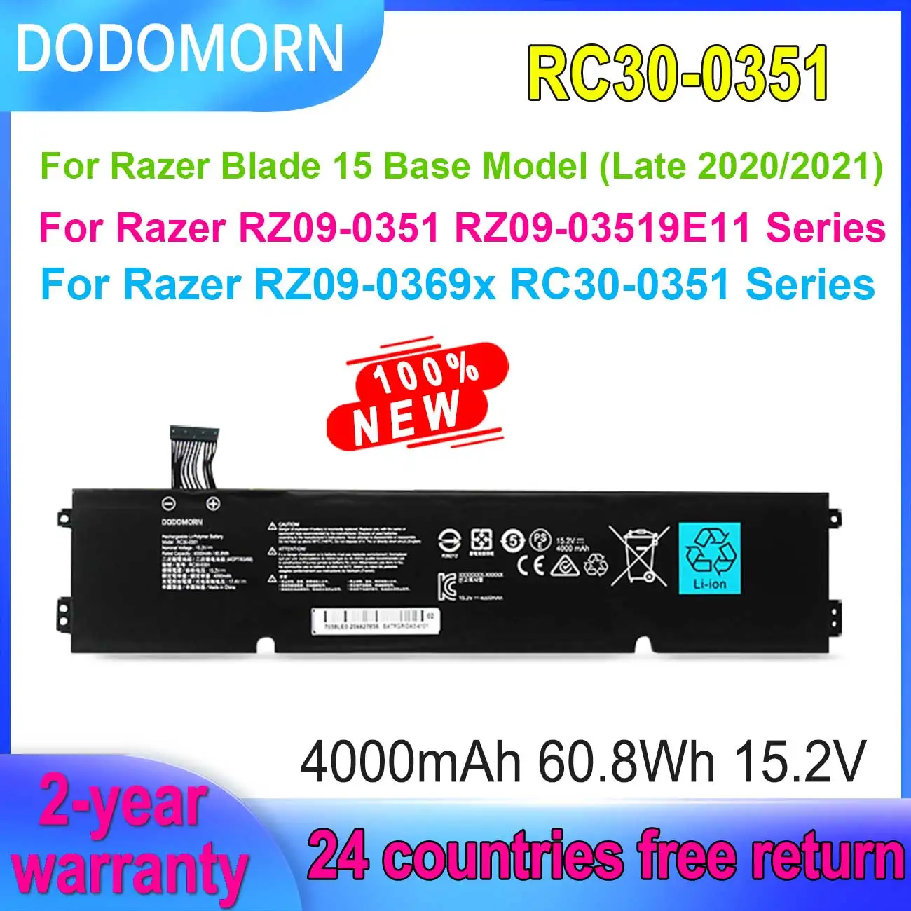

Аккумулятор для ноутбука DODOMORN RC30-0351 для Razer BIade 15 Base 2020 2021 RZ09-0351 RZ09-03519E11 Series 15,2 V 60.8Wh