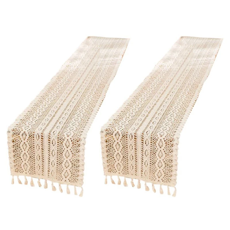 

2X Elegant Cream Crochet Lace Macrame Table Runner With Tassels For Rustic Chic Wedding Reception Table Decoration