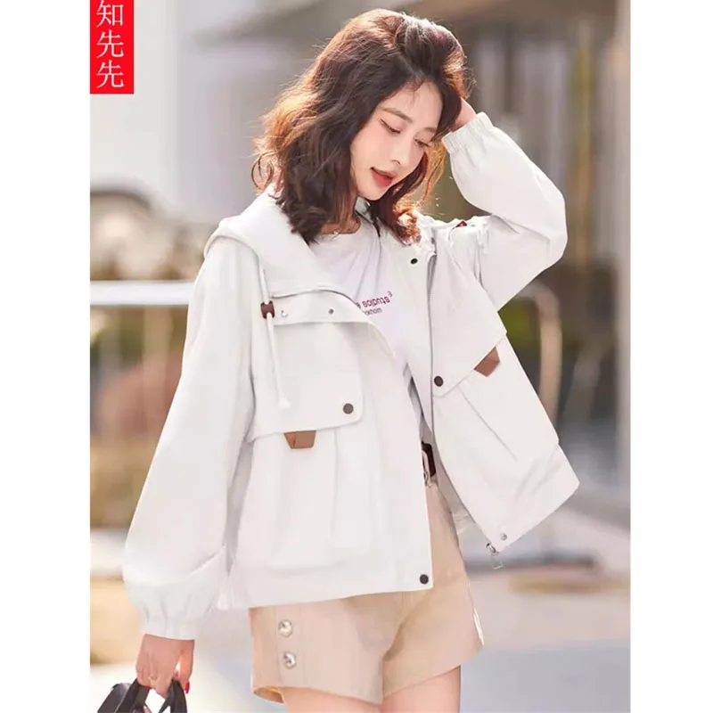 White Short Jacket For Women's Spring Autumn 2024 New Fashion Loose Casual Versatile Hooded Work Jacket Top With Lining Outwear