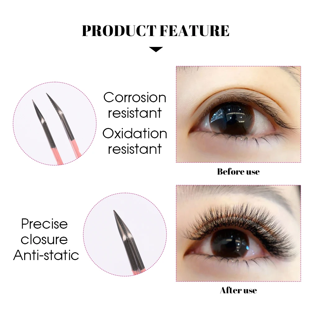 Gemerry 1 pcs Pink Stainless Steel Tweezers Eyelash Extensions High Precision Anti-static Tweezers with Fiber Tips Makeup Tools 4