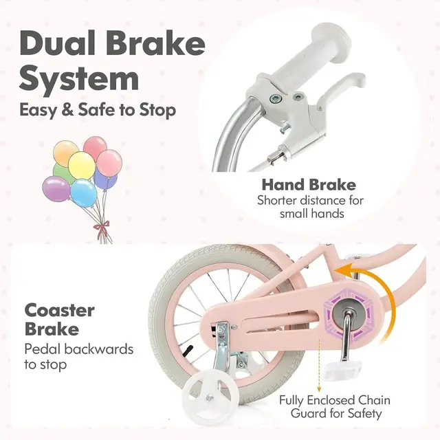 Children's Bike, 14-18 Inch with Training Wheels, Basket, Adjustable Seat & Handlebar, Hand Brakes, Suitable for Ages 3-8