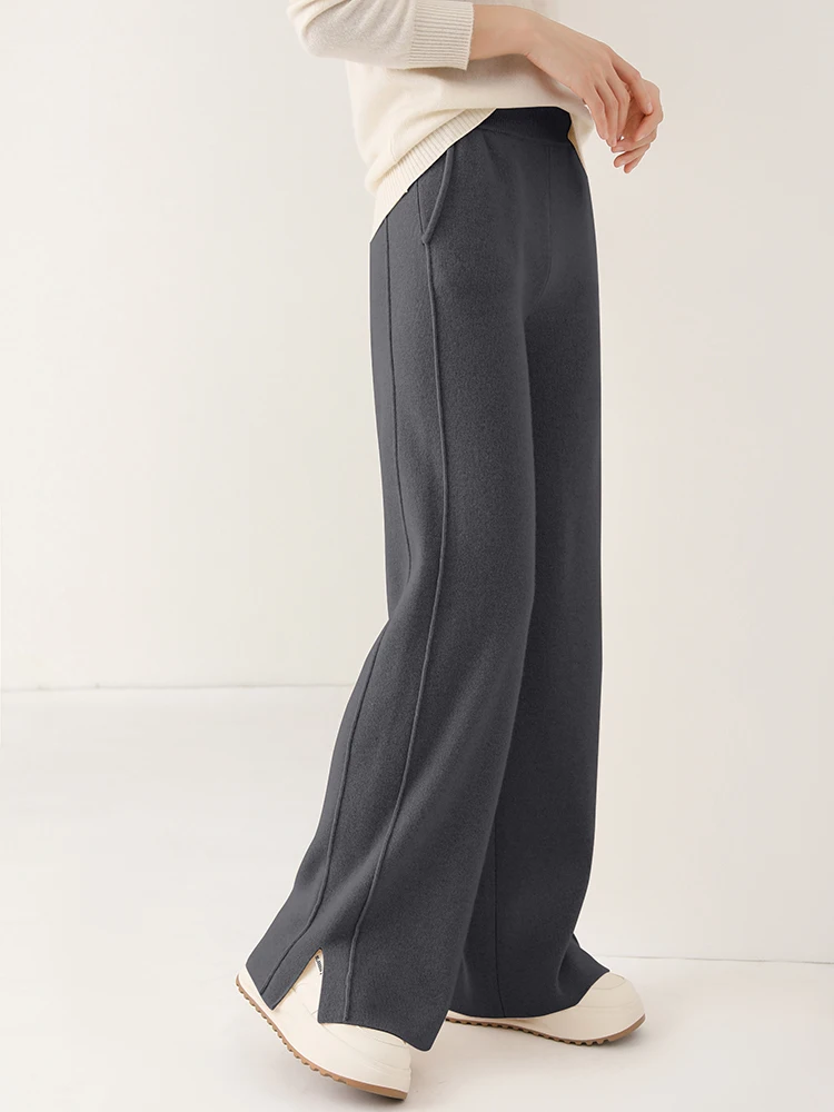 Women Wool Wide Leg Pants Threaded Elastic Waist Cashmere Trousers Autumn Winter 100% Merino Wool Knitted Soft Slit Design Pants