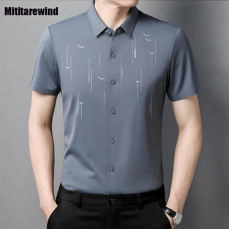 Летни нови безшевни ризи за мъже Бизнес ежедневни риза с щампи с къси ръкави и копчета Мъжка мода Семпли топове Chemise Homme