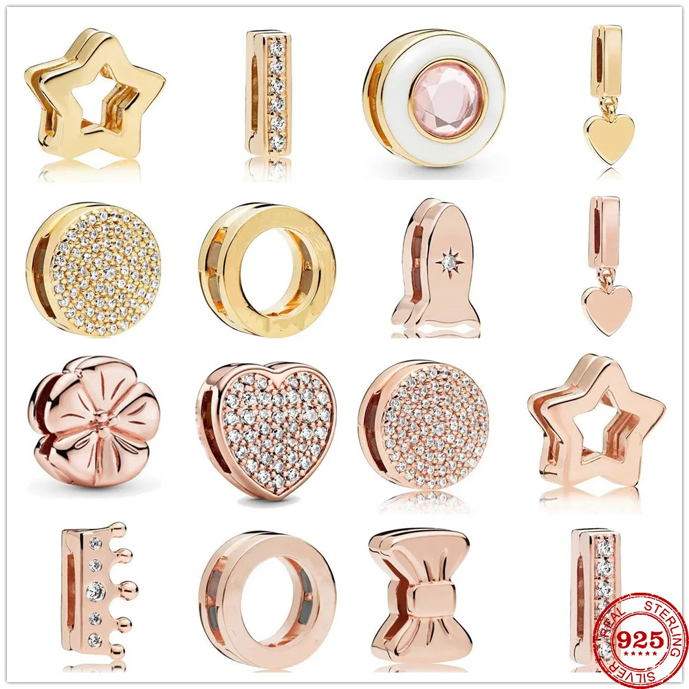 S925 Argento Riflessi Clip Perline Charms Rotondo Cristallo Rotondo Cuore Fiocco Fiore Stella Perline Fit Originale Pandora Donne Braccialetto