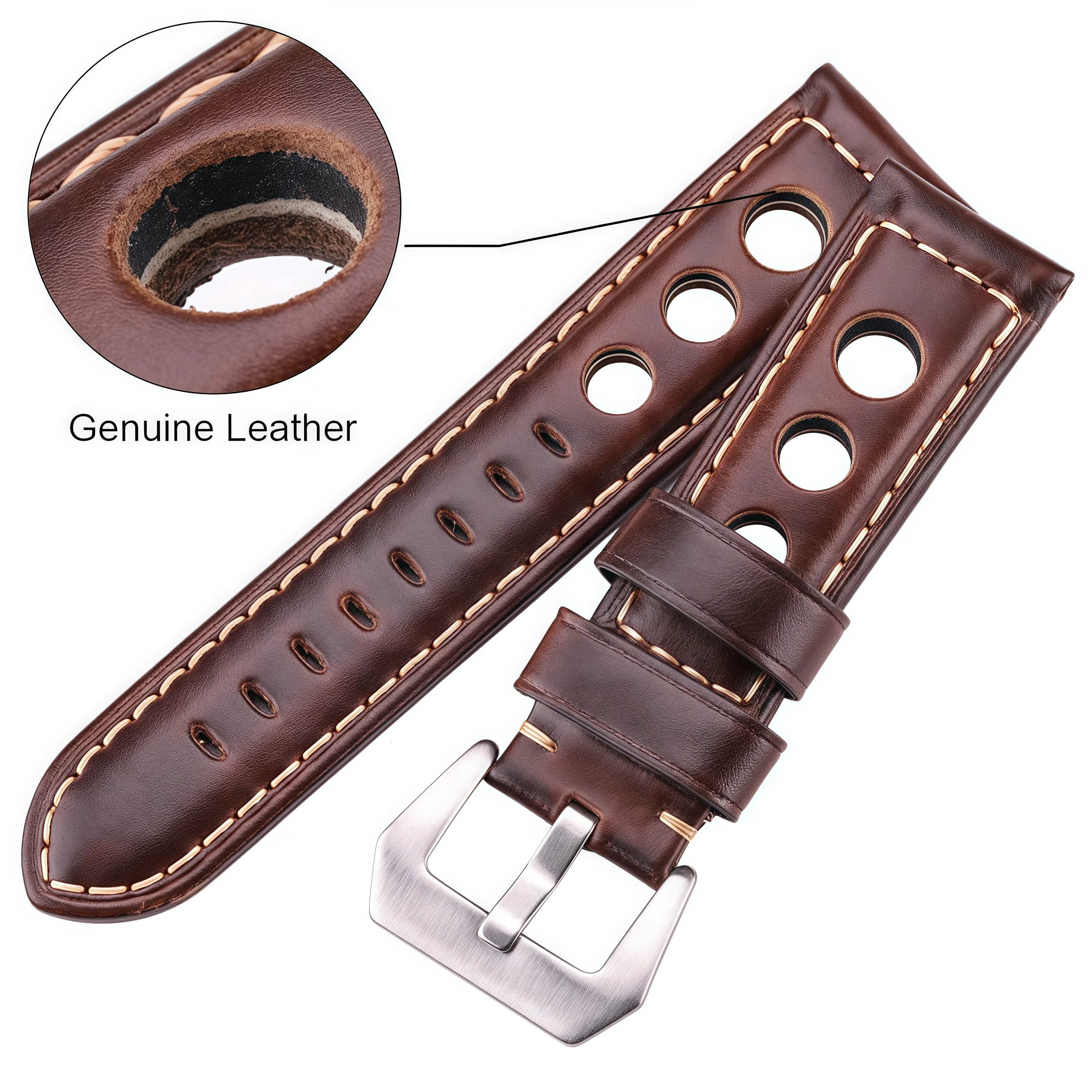 Vintage Genuine Leather Watch Strap - Retro Cowhide Band with Stainless Steel Pin Buckle