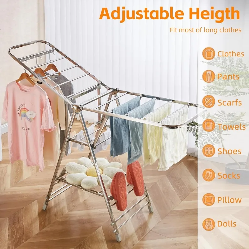 Foldable Clothes Drying Rack has 21 Rods, Non-Slip Buckle, Shoe Rack and Wheels ，Stainless Steel Laundry Drying Rack 3