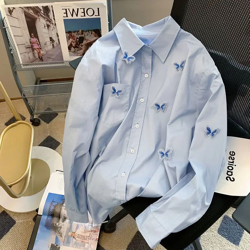 2023 New Spring and Autumn Thin Style Fashion Retro Hong Kong Style High End Sense Small Design Stereoscopic Butterfly Shirt 2023 new spring and autumn thin style fashion retro hong kong style high end sense small design stereoscopic butterfly shirt