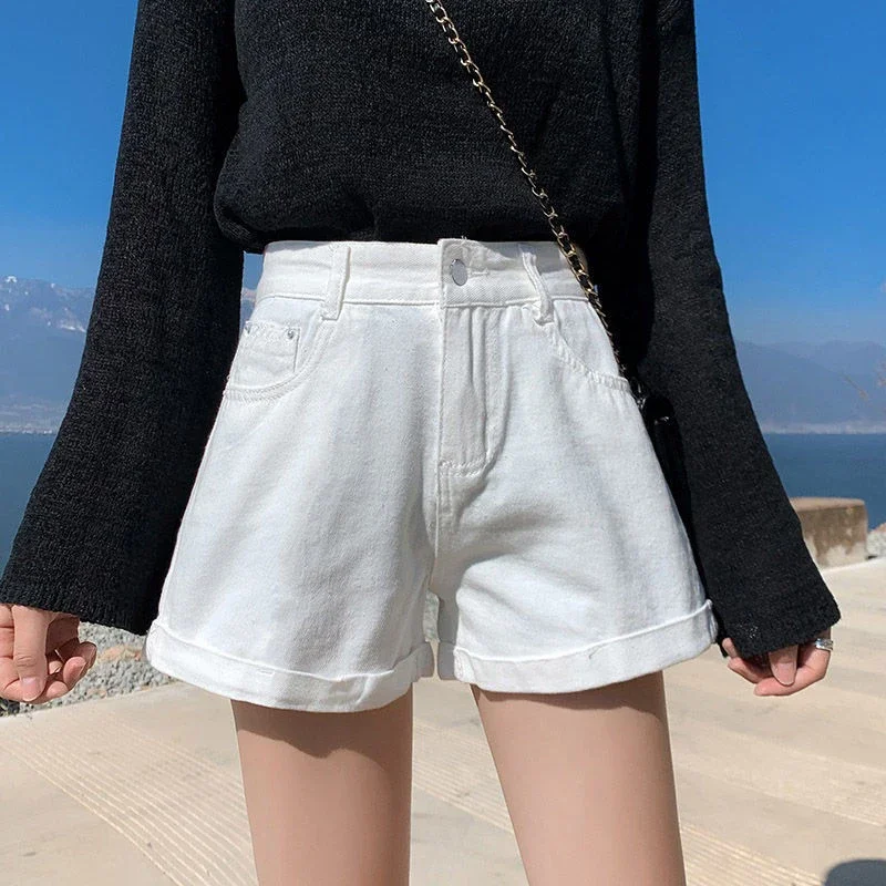 Women's high-waisted denim shorts, blue cotton, wide-leg shorts, small jeans for girls, Korean fashion, summer.