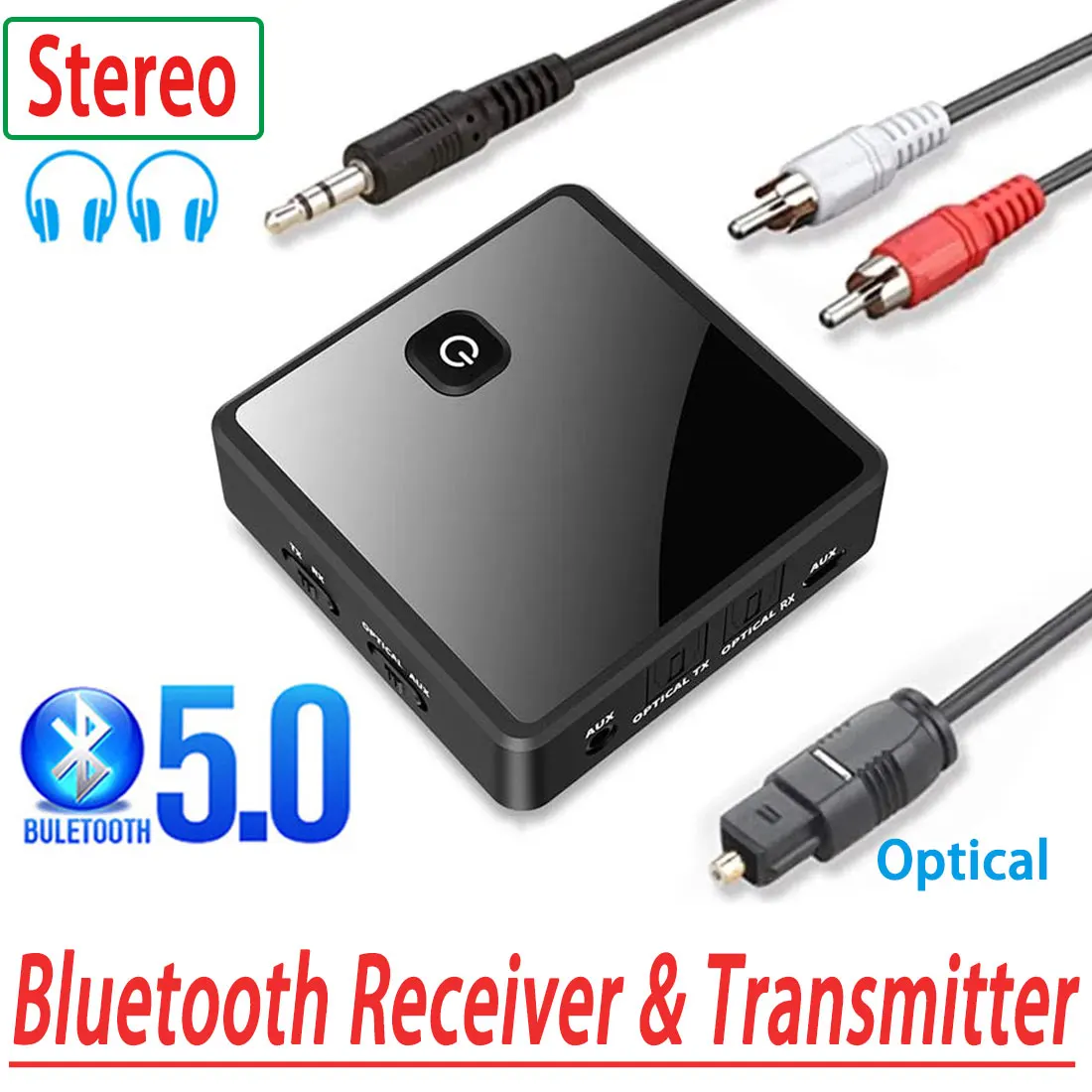 Bluetooth 5.0 Transmitter Receiver Low Latency 3.5mm AUX Jack Optical Stereo Music Wireless Audio Adapter for PC TV Car Speaker