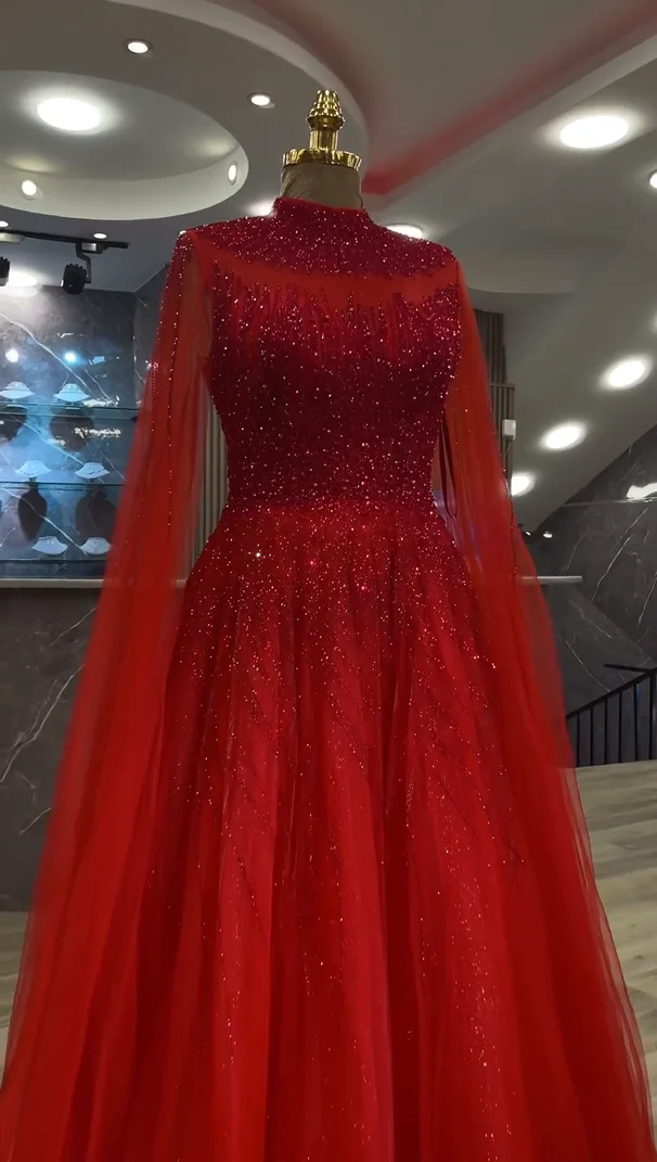 FATAPAESE Arabic Sparking Stone Gems Embellishments that Adorn Red Dress Long Sleeves For Formal Occasion