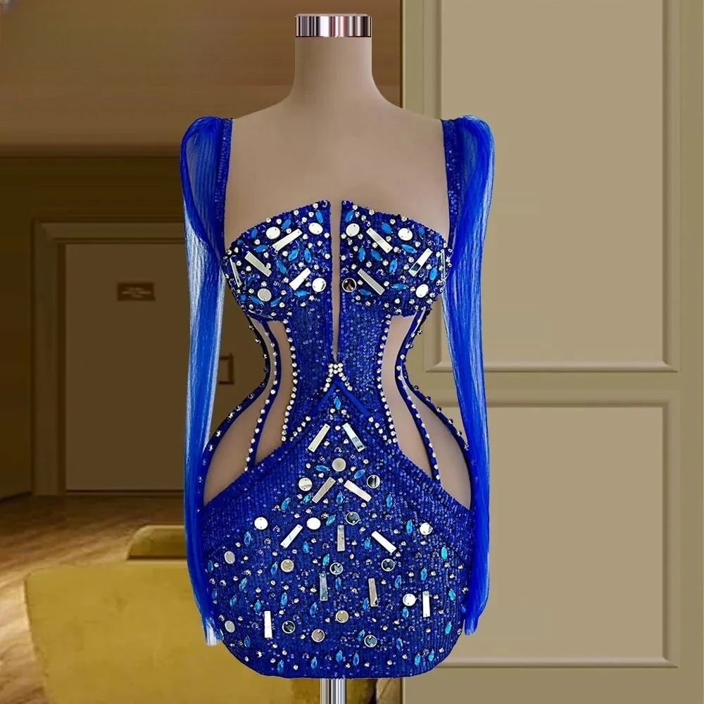 Royal Blue Cocktail Dresses Sheath Long Sleeves Short Mini Sequins Crystals Homecoming Dresses Haute Couture Customized