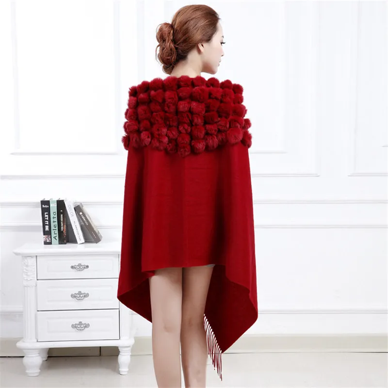 2023 Woman Autumn Winter Cashmere Wool Pashmina Scarf Muffler Wool Shawl With Real Rabbit Fur Pompoms