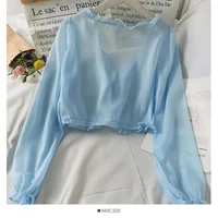 T-shirt à manches longues et respirant pour femme, cardigan en dentelle avec nœud, vêtement à volants, protection solaire, pour couvrir 5