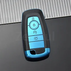 Premium TPU Leather Car Key Fob Holder Case Cover (4button blue)