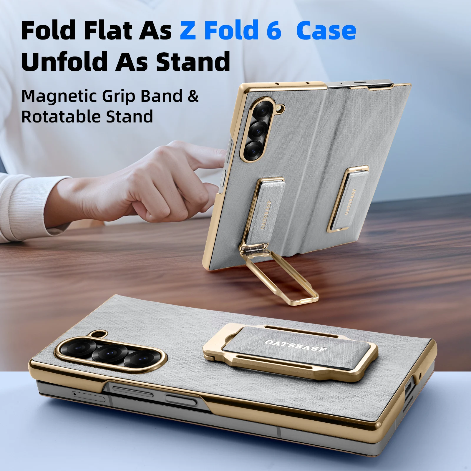 Eary for Samsung Galaxy Z Fold 6 Phone Case With Dual Wristband Leather 360° Rotation Magnetic Stand Full Body Shockproof Cover