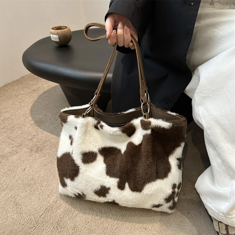 Große Kapazität Shopper Taschen Für Frauen Winter Reise Tote Tasche Kuh Druck Plüsch Schulter Tasche Damen Handtasche Designer Bolsos