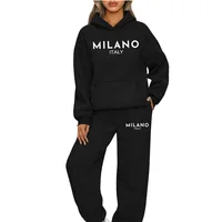 2 Piece Set Women Outfit MILANO Letter Print High Neck Hoodies Sweatshirt Pants Tracksuit 2022 Plus Size Streetwear Casual Suit 1