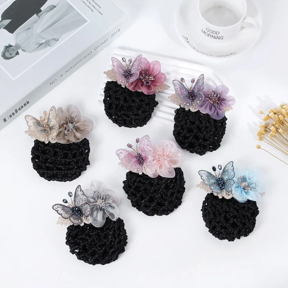 

Crystal Crochet Mother's Day Flower Bun Net Snood Korean Style Headdress Women Hairpin Flower Butterfly Spring Clip