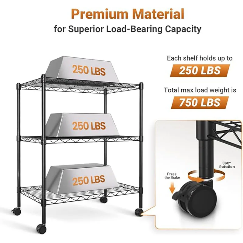 Heavy Duty 3-Shelf Shelving Wheels Adjustable Storage Units 750Lb Capacity Steel Organizer Wire Rack Plug Version