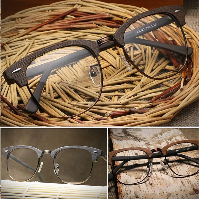 

Очки для близорукости в ретро стиле для мужчин и женщин, аксессуар с полуободковой оправой, защита от сисветильник света, с текстурой древесины, для работы за компьютером
